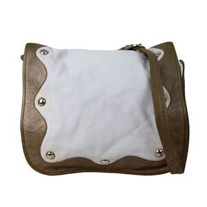 ROOMY TRIBECA WHITE BROWN GENUINE LEATHER FLAP STUDS SHOULDER BAG HANDBAG PURSE